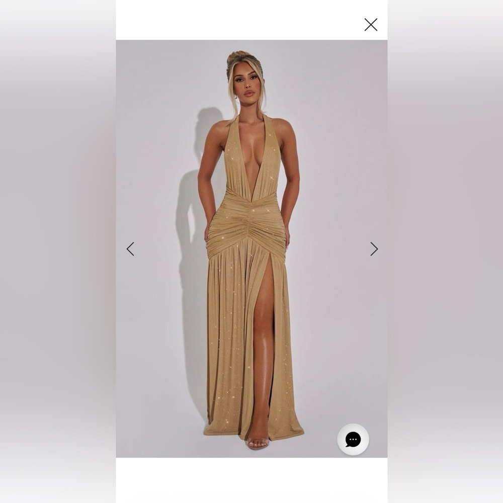 Deep V Halter Sparkle Maxi Dress in Gold